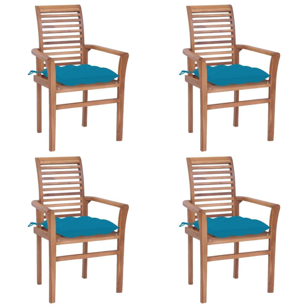 Vidaxl Jedálenské stoličky 4 ks so svetlomodrými podložkami tíkový masív